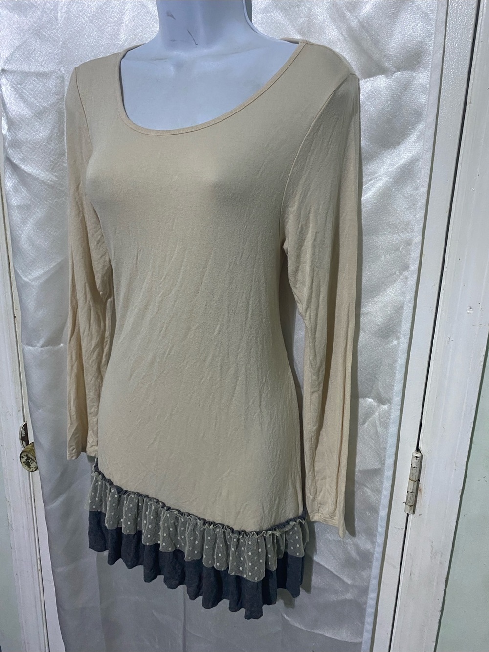 Y2K easel Beige Scoop Neck Mini Dress with Ruffled Hem